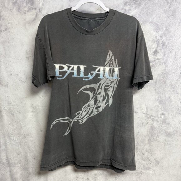 Vintage Palau Shark T Shirt Mens Medium 20x27.5 Faded Black Y2K Surf - Picture 1 of 14